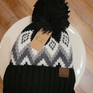 Last chance! NEW! Back and White Pom Pom Chevron Pattern Cozy Winter Hat By C.C